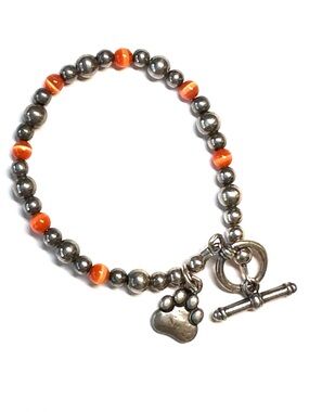 925 Silver Clemson Orange Cat's Eye Beaded Bracelet